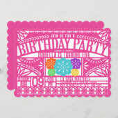 メキシカンフィエスタパペルピカド国旗のピンク誕生日 招待状 (正面/裏面)