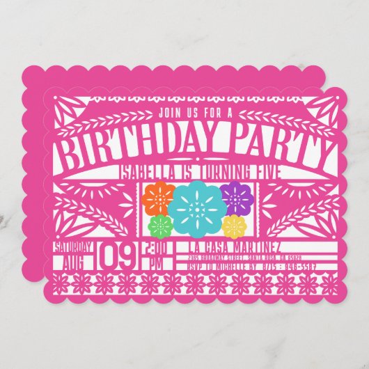 メキシカンフィエスタパペルピカド国旗のピンク誕生日 招待状 (正面/裏面)