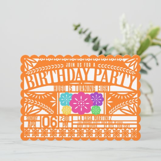 メキシカンフィエスタパペルピカド国旗オレンジ誕生日 招待状 (スタンド正面)
