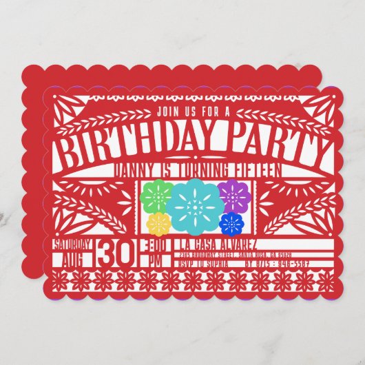 メキシカンフィエスタパペルピカド国旗RED誕生日 招待状 (正面/裏面)