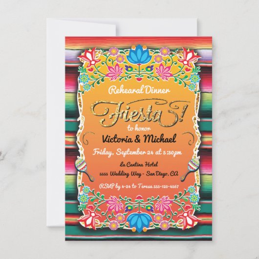 メキシカンフィエスタパーティー金ゴールドグリッターリハーサルディナー 招待状 (正面)