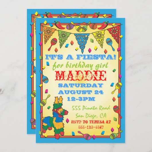 メキシカンフィエスタピナタ誕生日パーティーへの招待 招待状 (正面/裏面)