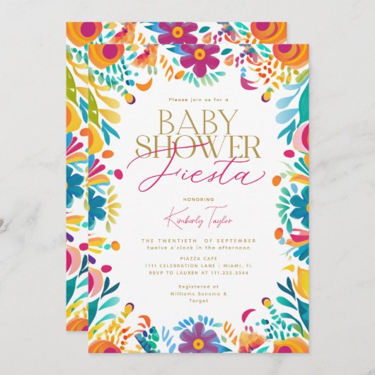 メキシカンフィエスタピンクイエローフラワーベビーシャワー 招待状 (正面/裏面)