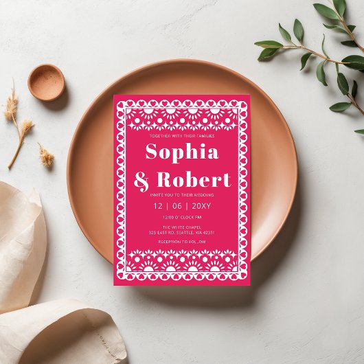 メキシカンフィエスタピンクパペルピカドボホ結婚ズ 招待状