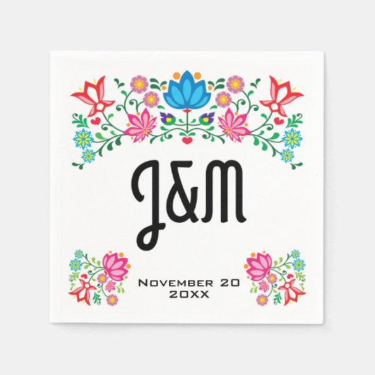 メキシカンフィエスタフォークアートフローライニシャル結婚ズ スタンダードカクテルナプキン (正面)