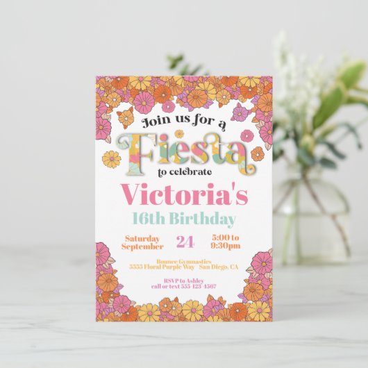 メキシカンフィエスタフラワーパワーモダンレトロ誕生日 招待状 (スタンド正面)