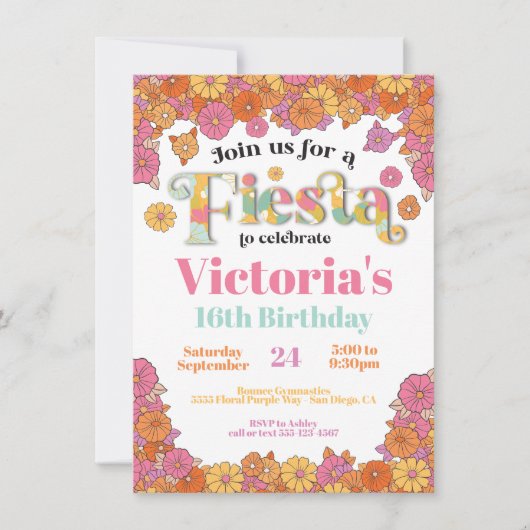 メキシカンフィエスタフラワーパワーモダンレトロ誕生日 招待状 (正面)