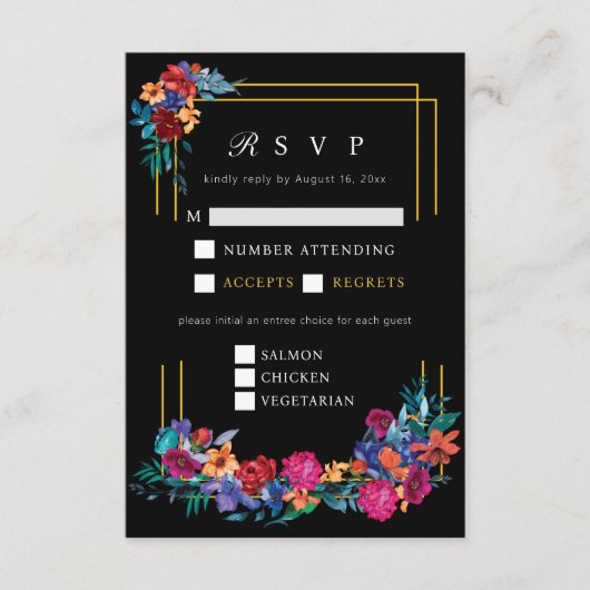 メキシカンフィエスタフラワー結婚ズブラックRSVP エンクロージャーカード (正面)