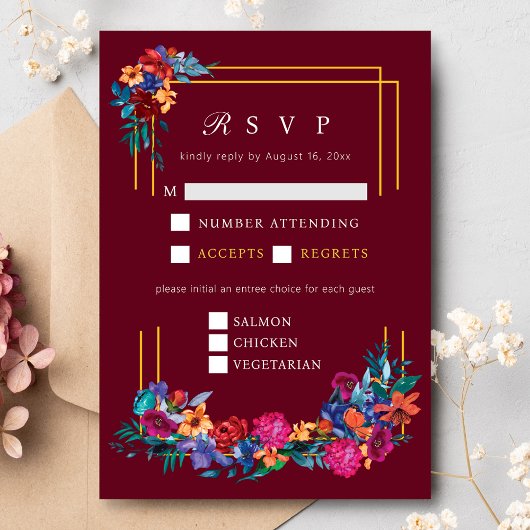 メキシカンフィエスタフラワー結婚ズブルゴーニュRSVP エンクロージャーカード