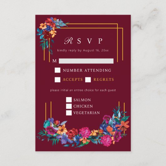 メキシカンフィエスタフラワー結婚ズブルゴーニュRSVP エンクロージャーカード (正面)