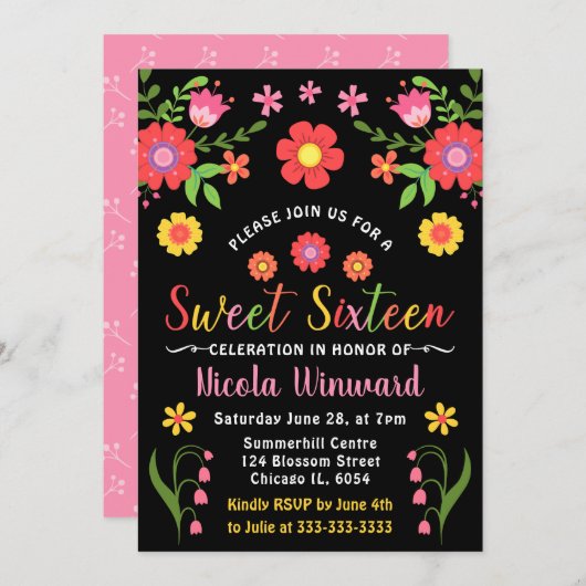 メキシカンフィエスタフローラとブラックSweet sixteen 招待状 (正面/裏面)