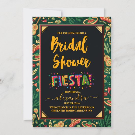 メキシカンフィエスタフローラブラックカラフルブライダルシャワー 招待状 (正面)