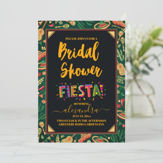 メキシカンフィエスタフローラブラックカラフルブライダルシャワー 招待状 (スタンド正面)