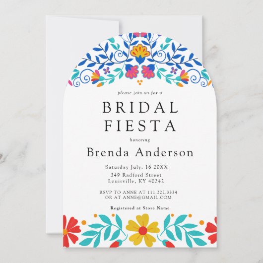 メキシカンフィエスタフローララテンアメリカ系女性アーチブライダルシャワー 招待状 (正面)