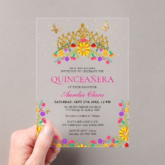 メキシカンフィエスタフローラ金ゴールドティアラキンセアニェラ アクリル招待状 (インサイチュ (ポータブル))