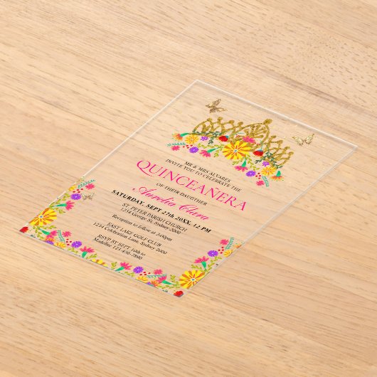 メキシカンフィエスタフローラ金ゴールドティアラキンセアニェラ アクリル招待状 (レイダウン)