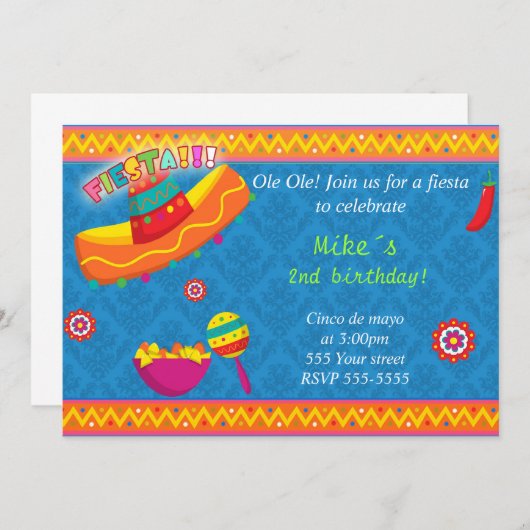 メキシカンフィエスタ招待状ボーイ誕生日ブルー 招待状 (正面/裏面)