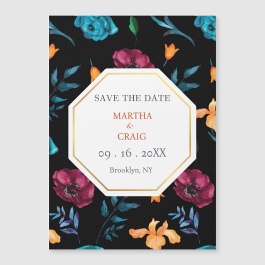 メキシカンフィエスタ結婚フラワーのブラックセーブ・ザ・デイト マグネット招待状 (正面)