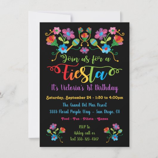 メキシカンフィエスタ誕生日パーティー刺繍付き 招待状 (正面)