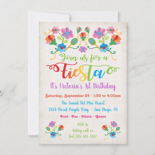 メキシカンフィエスタ誕生日パーティー刺繍付き 招待状 (正面)