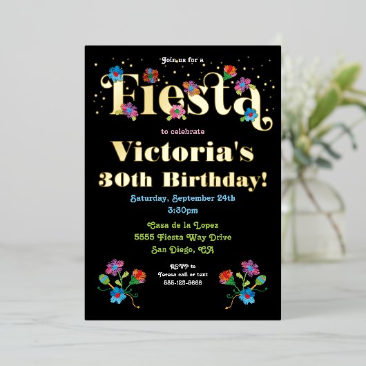 メキシカンフィエスタ誕生日パーティー刺繍箔 箔招待状 (立ち正面)