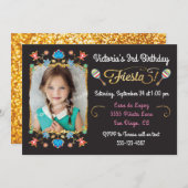 メキシカンフィエスタ誕生日パーティー金ゴールドグリッター写真 招待状 (正面/裏面)