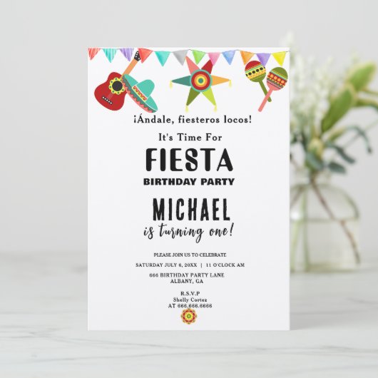 メキシカンフィエスタ誕生日招待状、ピンクとブルーのパーティー 招待状 (スタンド正面)