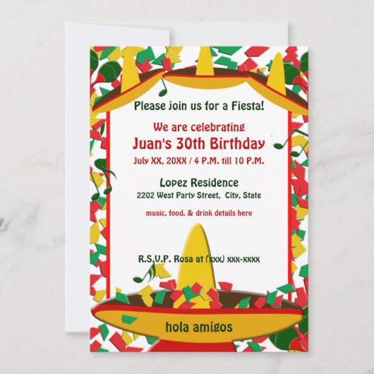 メキシカンフィエスタ誕生日（任意の場合）アミゴス 招待状 (正面)