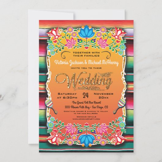 メキシカンフィエスタ金ゴールドグリッター結婚式招待状 招待状 (正面)