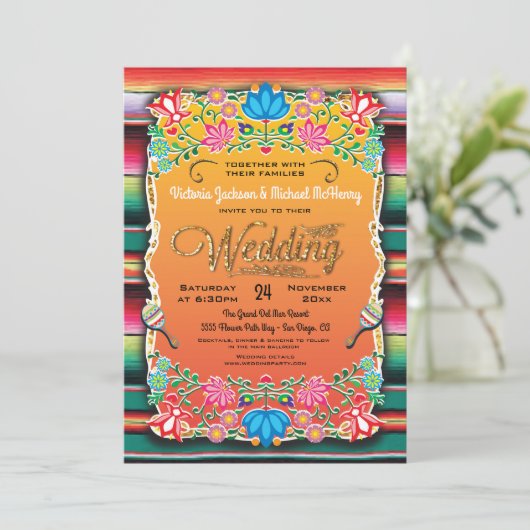 メキシカンフィエスタ金ゴールドグリッター結婚式招待状 招待状 (スタンド正面)