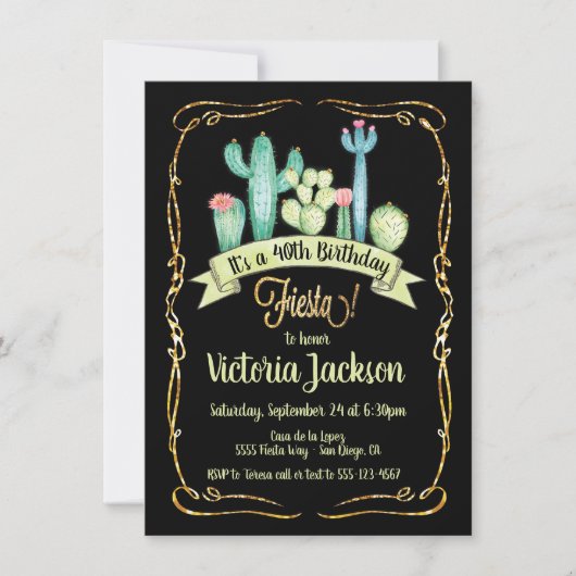 メキシカンフィエスタ金ゴールドグリッター誕生日の招待 招待状 (正面)
