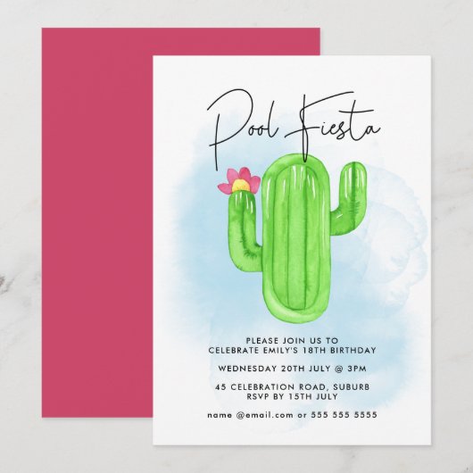 メキシカンフィエスタ カクタス プールパーティー 誕生日 すべての年齢 招待状 (正面/裏面)