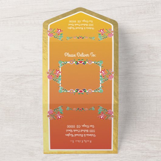 メキシカンフェイクフィエスタゴールドフォイル結婚フローラ オールインワン招待状 (外側)