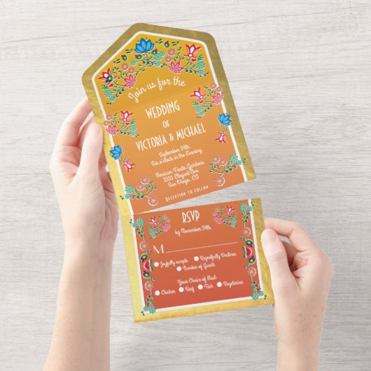 メキシカンフェイクフィエスタゴールドフォイル結婚フローラ オールインワン招待状 (貼ってはがせる)
