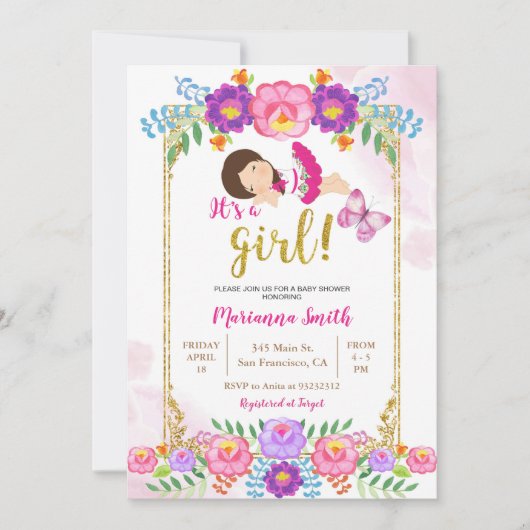 メキシカンフラワーバタフライフィエスタベイビーシャワー 招待状 (正面)