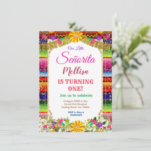 メキシカンフラワー金ゴールドグリッターガールフィエスタ誕生日 招待状 (スタンド正面)