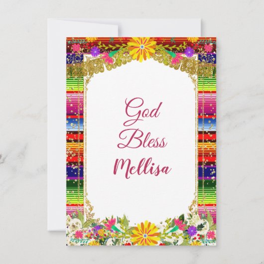 メキシカンフラワー金ゴールドグリッターガールフィエスタ誕生日 招待状 (裏面)