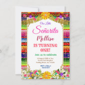 メキシカンフラワー金ゴールドグリッターガールフィエスタ誕生日 招待状 (正面)