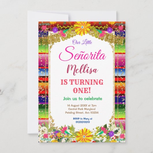 メキシカンフラワー金ゴールドグリッターガールフィエスタ誕生日 招待状 (正面)