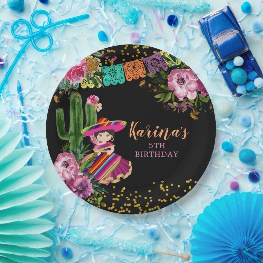 メキシカンブラックフカラフルィエスタフローラ誕生日 ペーパープレート (パーティー)