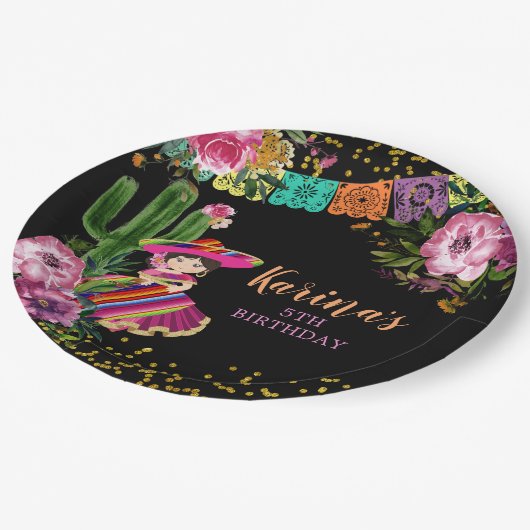 メキシカンブラックフカラフルィエスタフローラ誕生日 ペーパープレート (アングル)