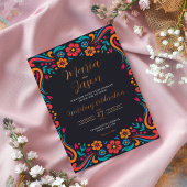 メキシカンブラック伝統的フローラ結婚フォーク 招待状