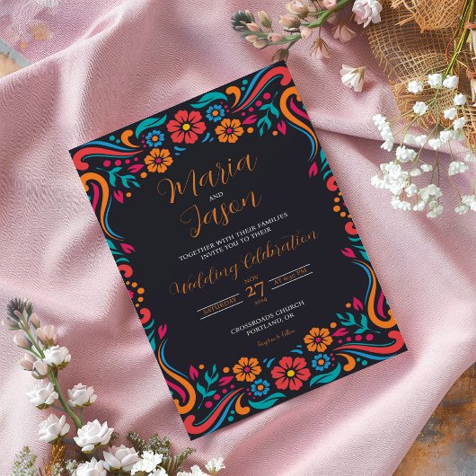 メキシカンブラック伝統的フローラ結婚フォーク 招待状