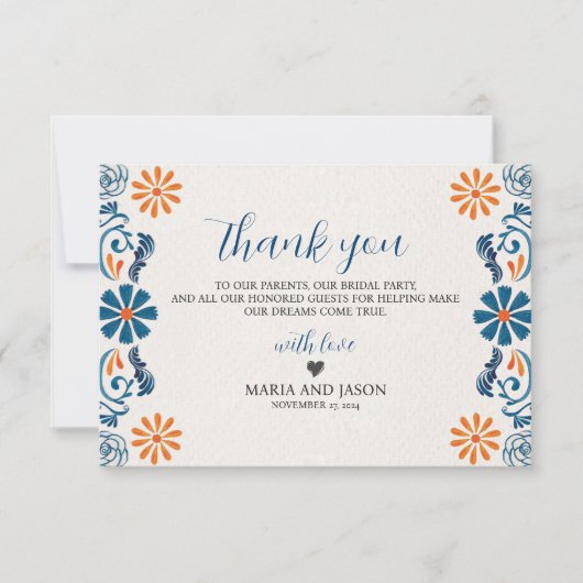 メキシカンブルーオレンジエレガントフローラ結婚フィエスタ サンキューカード (正面)