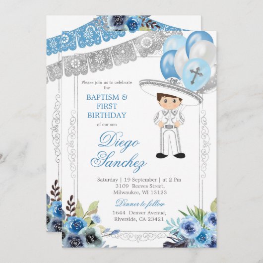 メキシカンブルーシルバーバプテスマと第三誕生日 招待状 (正面/裏面)