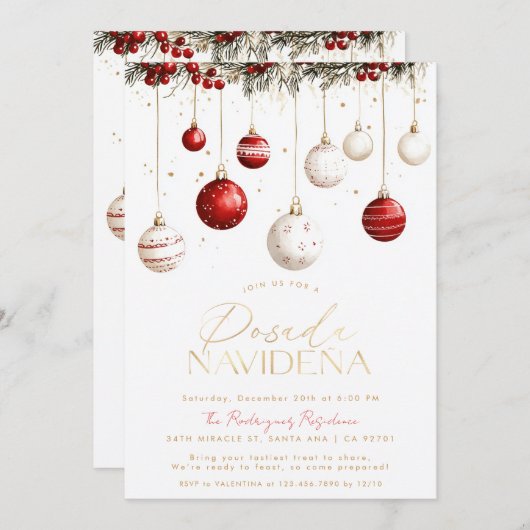 メキシカンポサダナビデナレッドホワイトオーナメント 招待状 (正面/裏面)