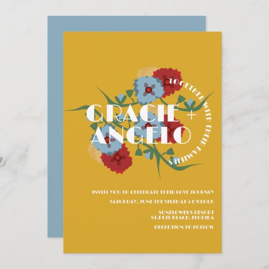 メキシカンマスタードブルー花模様結婚ズ 招待状 (正面/裏面)