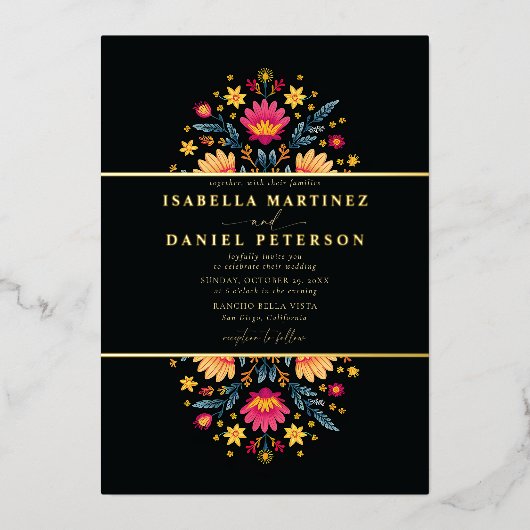 メキシカンモダンラエレガントンコ結婚フローラ金ゴールド 箔招待状 (正面)