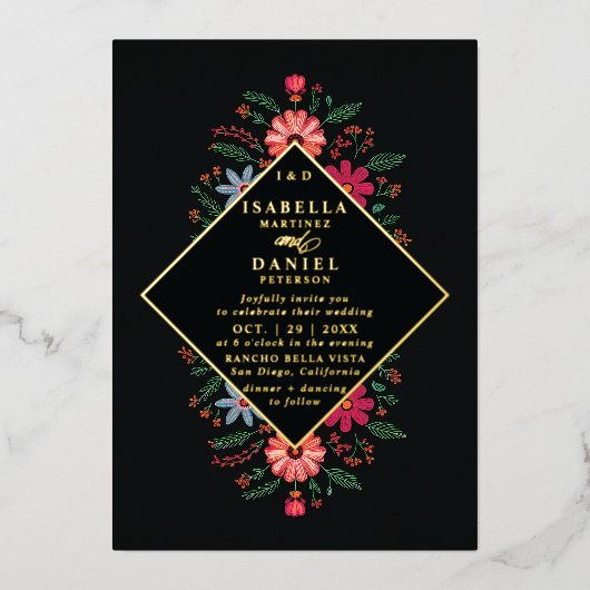 メキシカンモダンランエレガントチョーフローラ結婚金ゴールド 箔招待状 (正面)