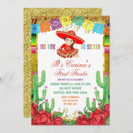 メキシカンレッドチャラファースト誕生日フィエスタ招待状 招待状 (正面/裏面)